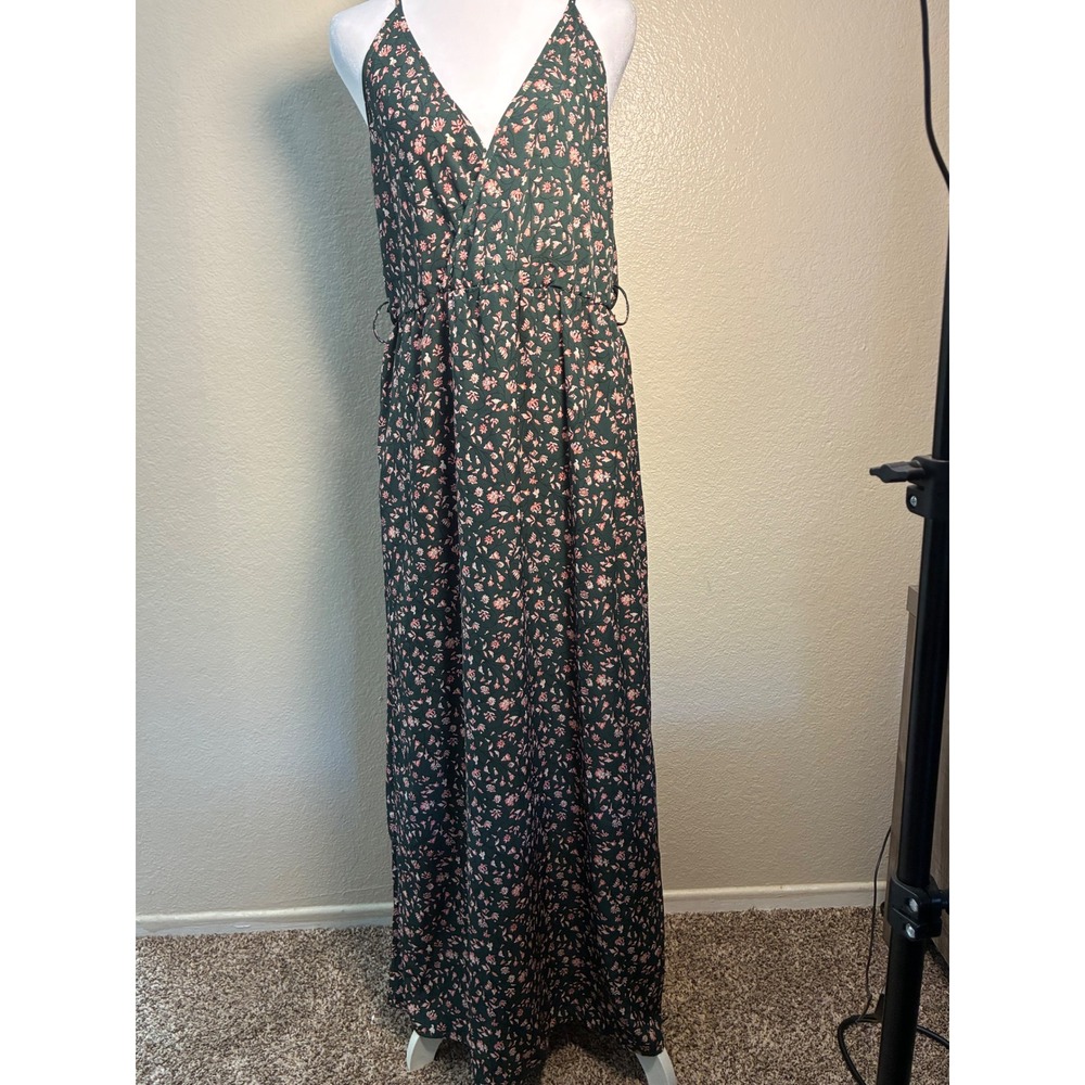 Forest Green Floral Spaghetti Strap V-Neck Maxi Dress with Side Slits Womens